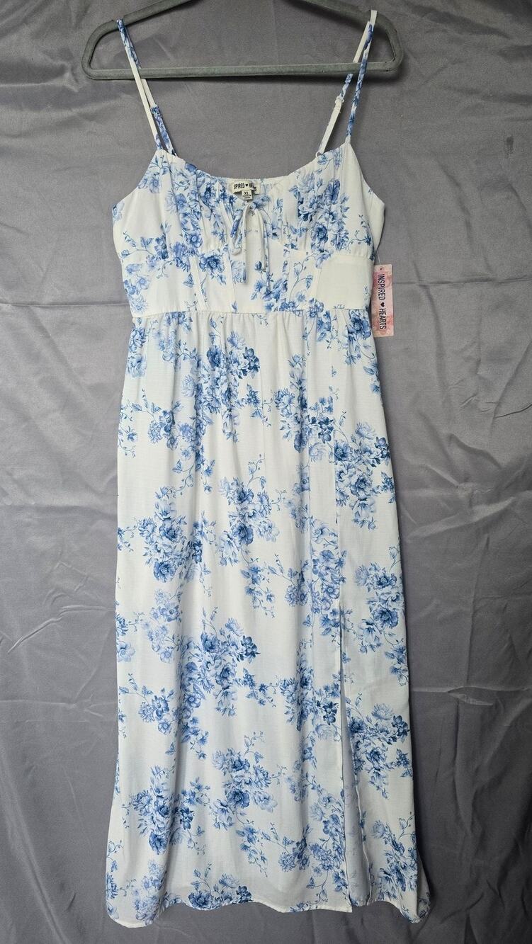 Inspired Hearts Dress Juniors XL White Blue Floral Smocked Strappy Long Sundress